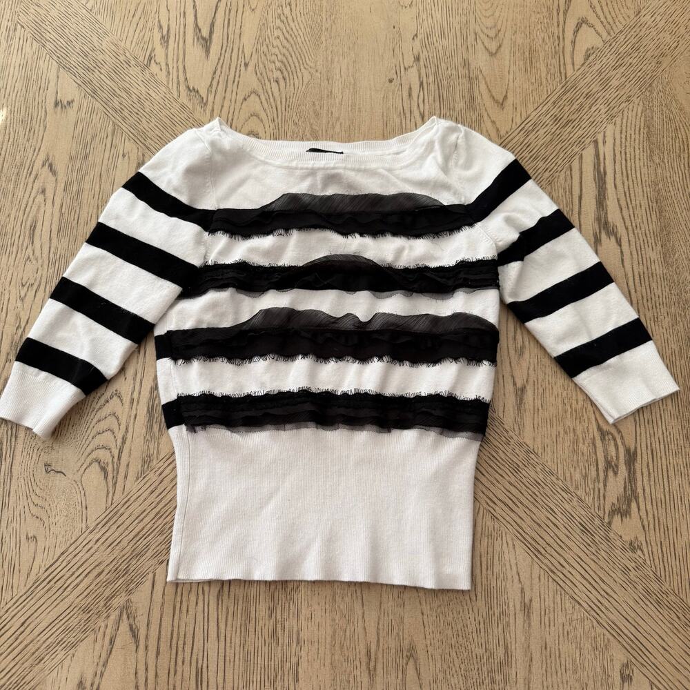 White House Black Market Striped Ruffle Sweater Blue White XS